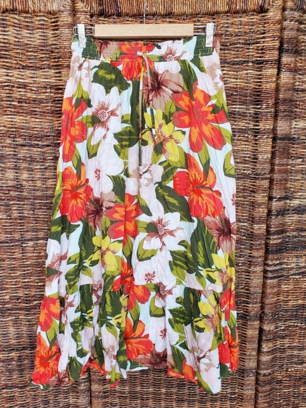 aerie White Floral A-Line Skirt with Red, Orange & Green Print